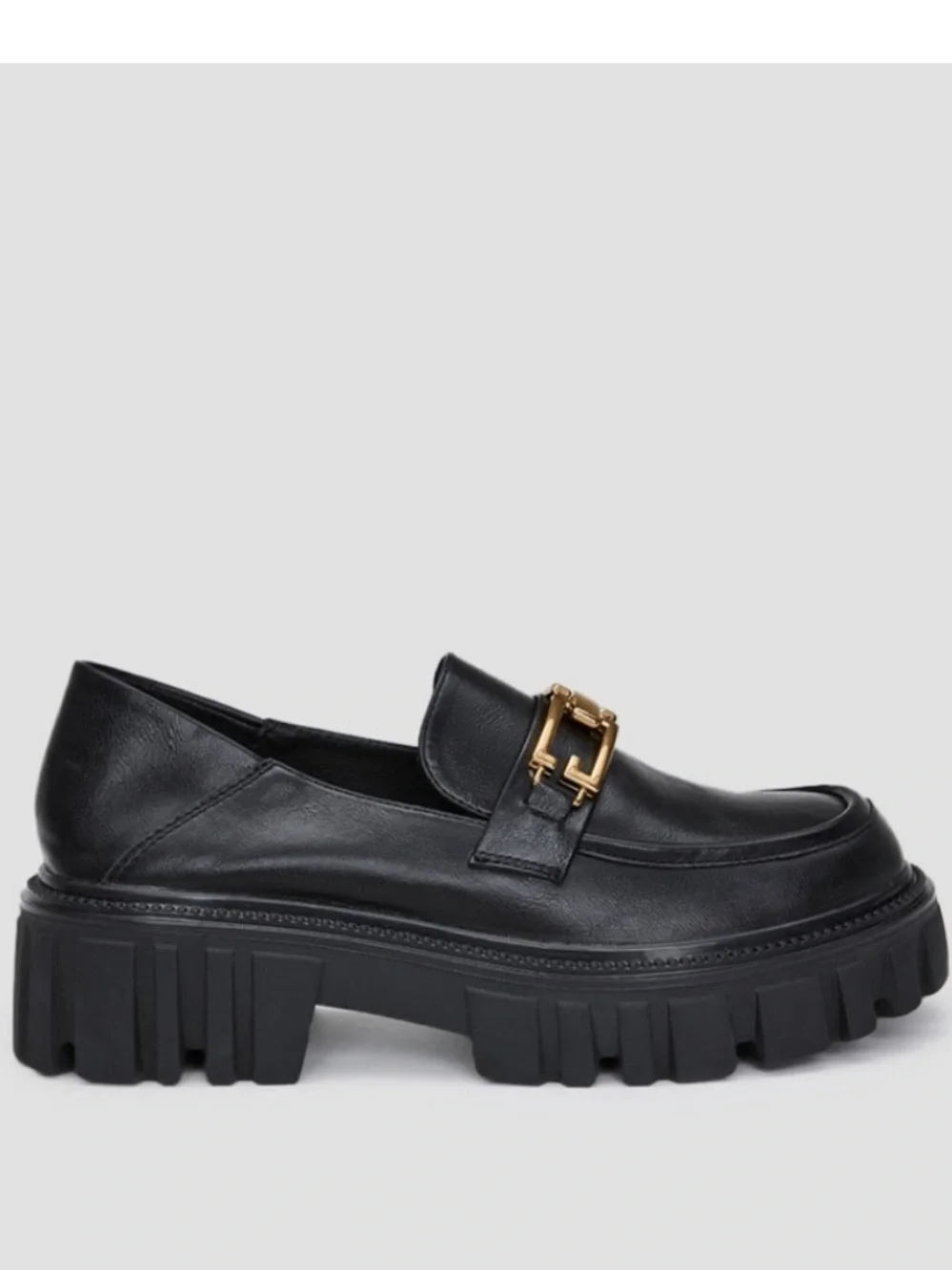 Black Leather Lug-Sole Loafers with Gold Chain Accent